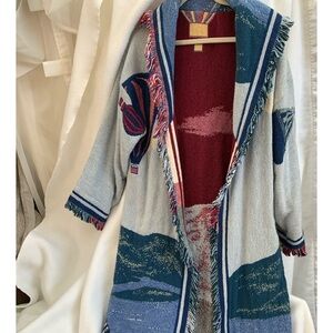 Custom Sailboat Women's Sweater with Hot Air Balloon Motif and Fringe.